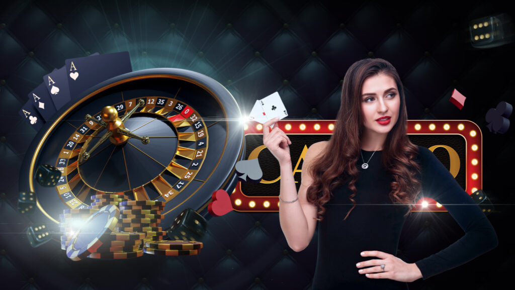 A female live casino dealer holding playing cards, with a roulette wheel, poker chips, and casino-themed elements in the background.