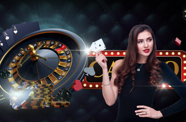 A female live casino dealer holding playing cards, with a roulette wheel, poker chips, and casino-themed elements in the background.